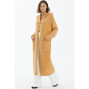 Kapüşonlu Cepli Triko Hırka - Sarı