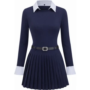 Piliseli Kemerli Yaka Kol Detaylı Elbise