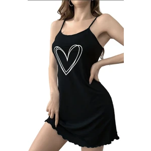 Kadın Siyah Ip Askılı Penye Gecelik – Kalp Baskılı