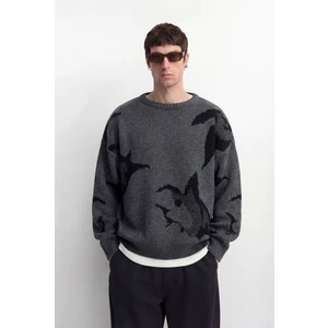 Oversize Desenli Triko Kazak - Antrasit Xl