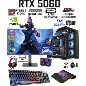 Tcx1 Ryzen 7 5700X 32GB 1tb M.2 SSD RTX5060 27" 280HZ Sıvı Soğutmalı Oyuncu Bilgisayarı Hazır Sistem