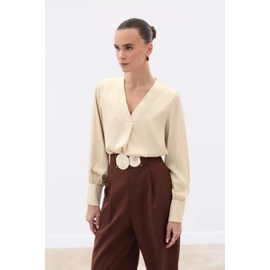 V Yaka Saten Bluz - Bej