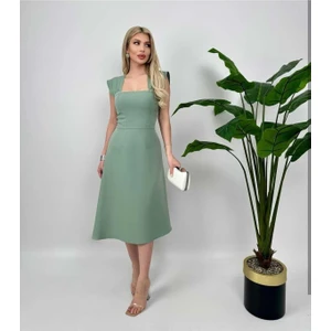 Moda Durağı Sıralı Incili Midi Elbise Haki