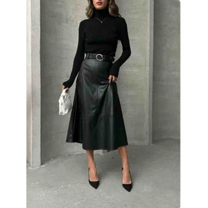 Deri Kemerli Midi Etek