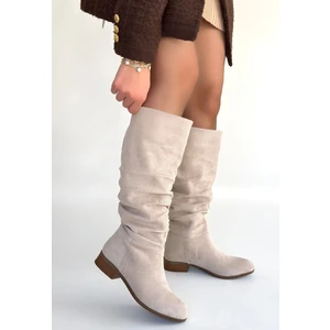 Winda Bej Süet Körüklü Topuklu Çizme