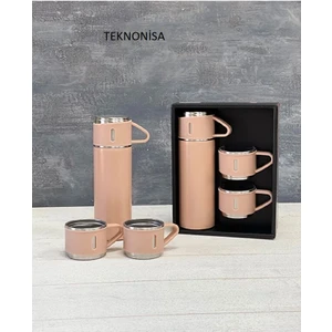 Paslanmaz Çelik 3 Bardaklı Vakumlu Termos Set Pembe