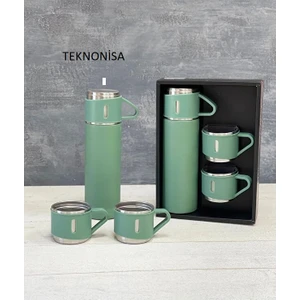 Paslanmaz Çelik 3 Bardaklı Vakumlu Termos Set Yeşil