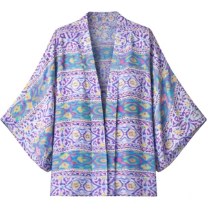 Tasarım Boho Desen Mini Kimono Kadın Eflatun