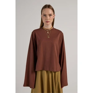 Crop Geniş Kol Oversize Basic T-shirt Kahve 30059