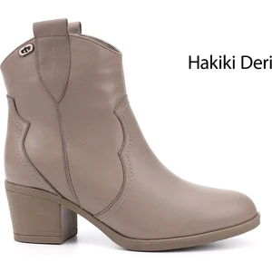 Kadın Bej  Kalın Topuklu Hakiki Deri Kovboy Bot