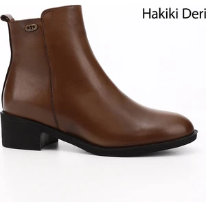 Kadın Taba Antik  Fermuarlı Kalın Topuklu Hakiki Deri Bot