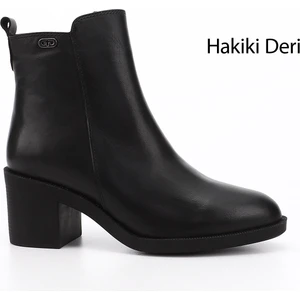 Kadın Siyah Fermuarlı Kalın Topuklu Hakiki Deri Bot