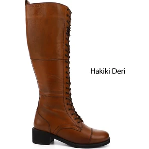 Kadın Taba Antik  Fermuarlı Kalın Topuklu Postal Çizme