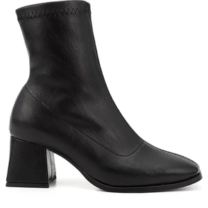 Kadın Siyah  Deri Görünümlü Kalın Topuklu Streç Bot