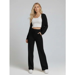 Kadın Siyah Fitilli Örme Yelek Pantolon Takım