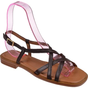 Hakiki Deri Düz Taban Kadın Sandalet BEL-16213   Kahve