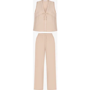 Bej Belle Pamuklu Pantolon Pijama Takımı