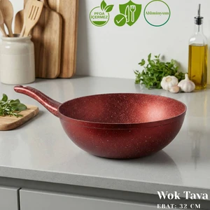 Arzu Çelik 32 Cm Granit Wok Tava - Kırmızı