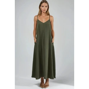 Kadın V -Yaka A-Form Maxi Elbise Haki Yeşil