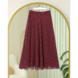 Moda Morfo Desenli Astarlı Güpür Dantel Etek -Bordo