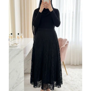 Moda Morfo Desenli Astarlı Güpür Dantel Etek -Siyah