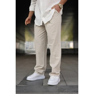 Erkek Trend Basic Bol Paça Krem Baggy Keten Pantolon