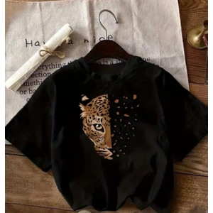 Leopar Kaplan Baskı Detaylı Basic T-Shirt