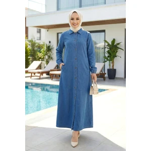 Kadın Düğmeli Cepli Koyu Kot Mavi Kap