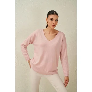Kadın Pembe V Yaka Salaş Triko Kazak