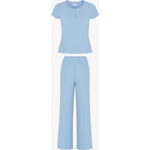 Mavi Ella Solid Pantolon Pijama Takımı Kız Çocuklar İçin Rahat Dokuma Özellikli