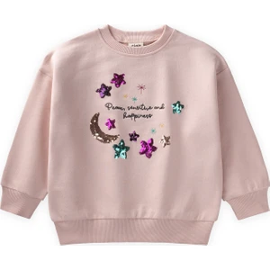 Pullu Ay Yıldız Nakışlı Sweatshirt 2-8 Yaş Pudra Pembe