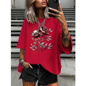 Kırmızı Çiçek Baskılı Oversize Tişört