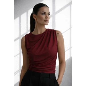 Kadın Drapeli Kolsuz Bluz Şık Ofis Basic Fit Sandy Kumaş