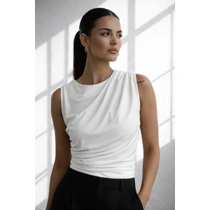 Kadın Drapeli Kolsuz Bluz Şık Ofis Basic Fit Sandy Kumaş