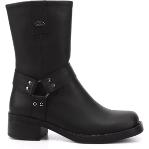 Kadın Siyah Fermuarlı Küt Burun Kalın Topuklu Biker Bot