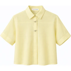 4663 Kadın Kombin Düğmeli Crop Gömlek Sarı