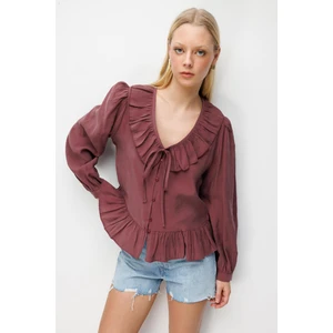 4813 Kadın Volanlı V Yaka Bluz Mürdüm