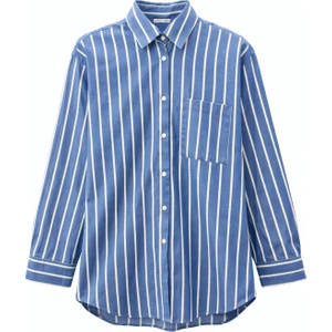 4367 Kadın Çizgili Oversize Gömlek Koyu Mavi