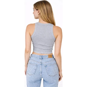 Kadın Gri Fitilli Görünümlü Askılı Kalın Esnek Örme Basic Crop Atlet Bluz CMRB93