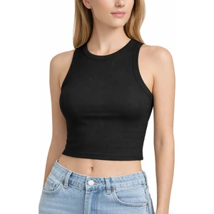 Kadın Siyah Fitilli Görünümlü Askılı Kalın Esnek Örme Basic Crop Atlet Bluz