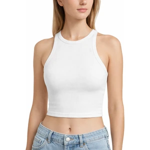 Kadın Beyaz Fitilli Görünümlü Askılı Kalın Esnek Örme Basic Crop Atlet Bluz