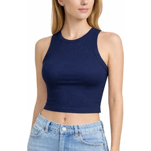 Kadın Lacivert Fitilli Görünümlü Askılı Kalın Esnek Örme Basic Crop Atlet Bluz