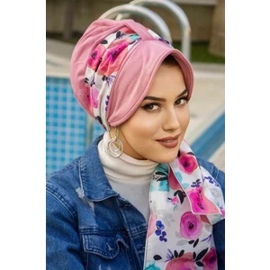 Aişe Tesettür Gülkurusu Çiçek Fularlı Şapka Bone