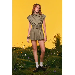 Asimetrik Yaka Kemerli Şort Tulum Haki