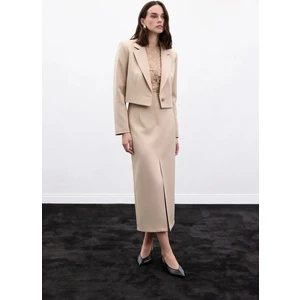 Yırtmaçlı Midi  Etek - Bej