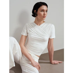 32659 Drapeli Kısa Kollu Top-Ekru