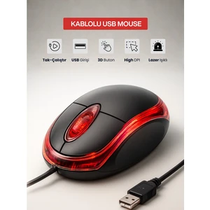 Işıklı Ergonomik USB Mouse | 3 Butonlu Konforlu Bilgisayar Mouse
