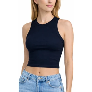 Kadın Lacivert Fitilli Görünümlü Askılı Kalın Esnek Örme Basic Crop Atlet Bluz CMRB93