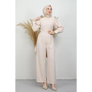 Arkası Parça Detaylı Tesettür Tulum Krem