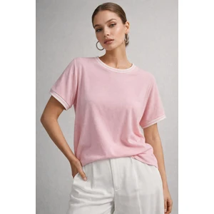 Kadın Pembe Bisiklet Triko Yaka Kısa Kollu Basic T-Shirt